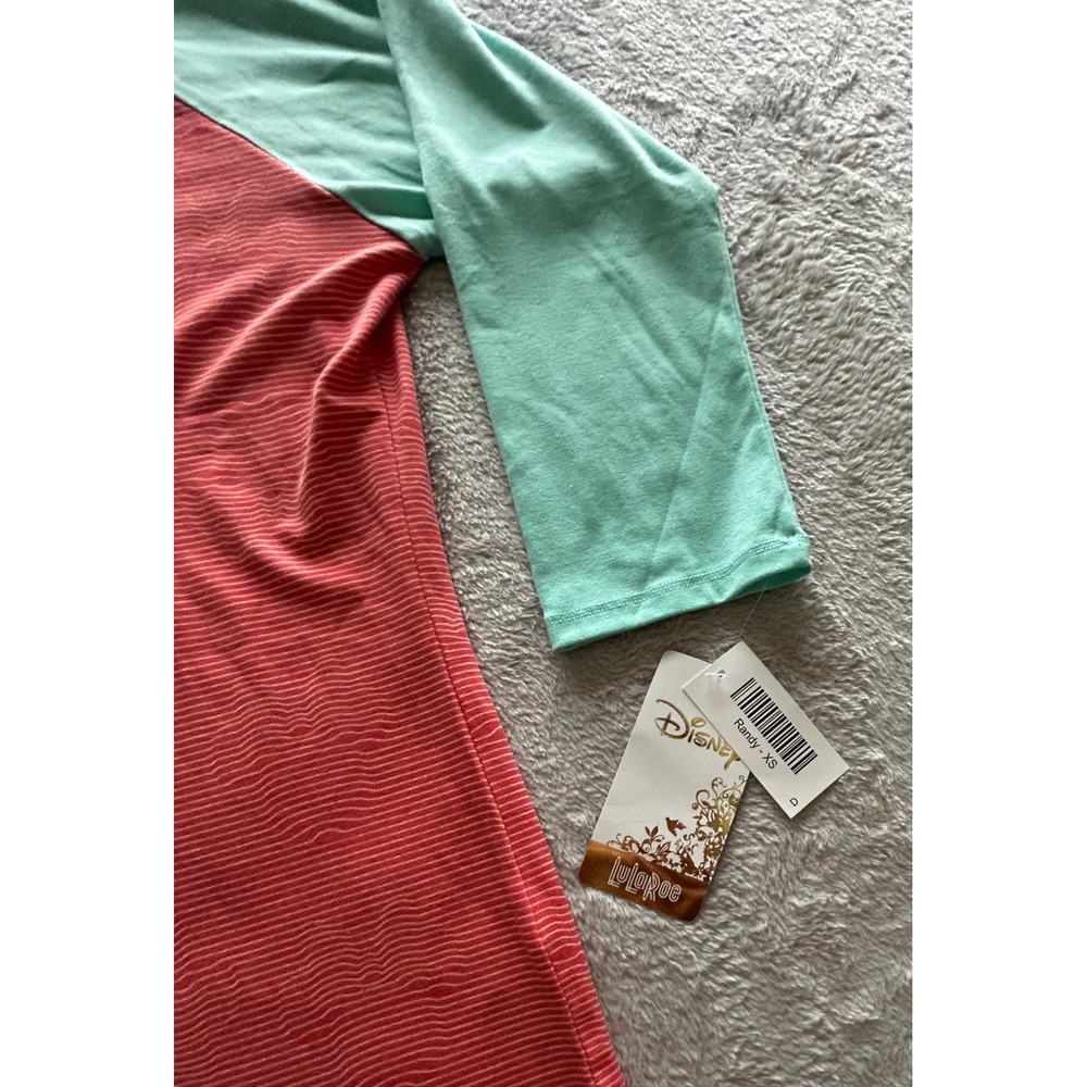 LuLaRoe Disney Randy Baseball Tee Coral Pink Mint Green Wavy Stripe XS New - Picture 6 of 9